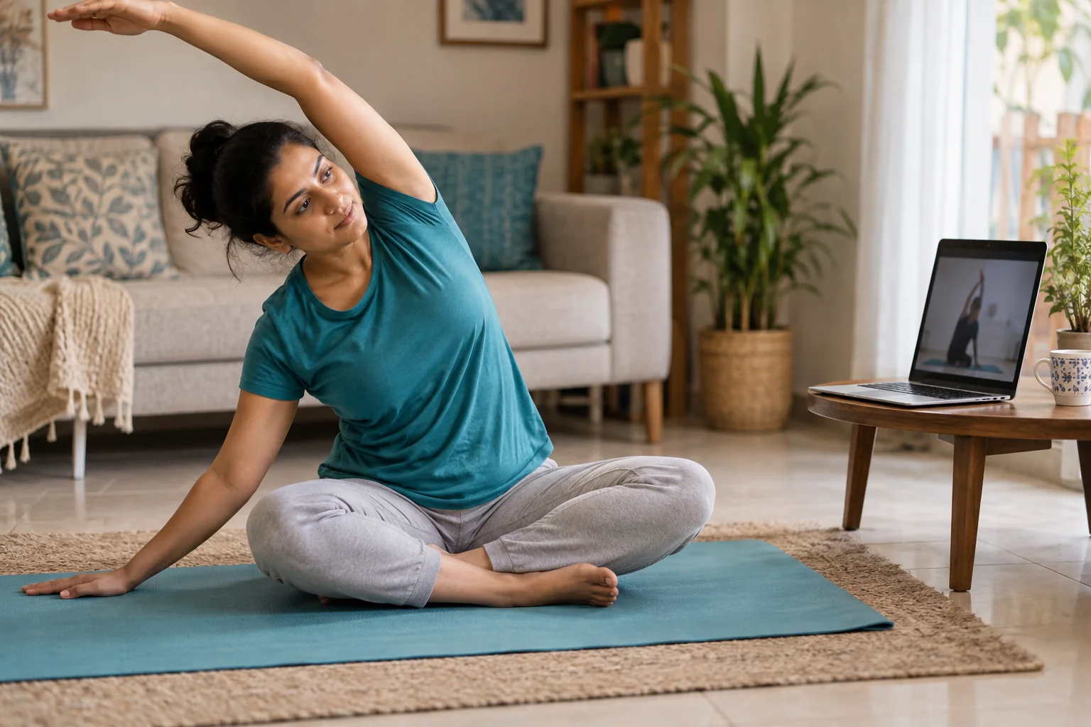Indian woman following an online yoga class at home
